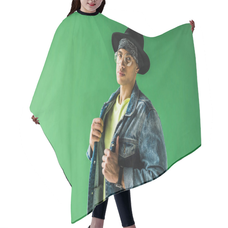 Personality  Stylish Mixed Race Man Posing And Looking At Camera On Green Screen With Copy Space Hair Cutting Cape