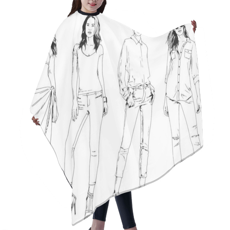 Personality  Beautiful Slim Girl In Casual Clothes, Drawn In Ink By Hand On A White Background Hair Cutting Cape