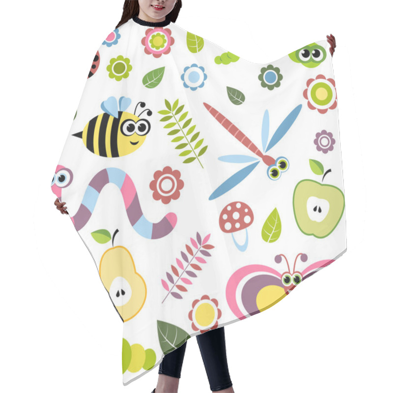 Personality  Background With Cartoon Insects, Flowers, Leaves, Apple And Pear Hair Cutting Cape