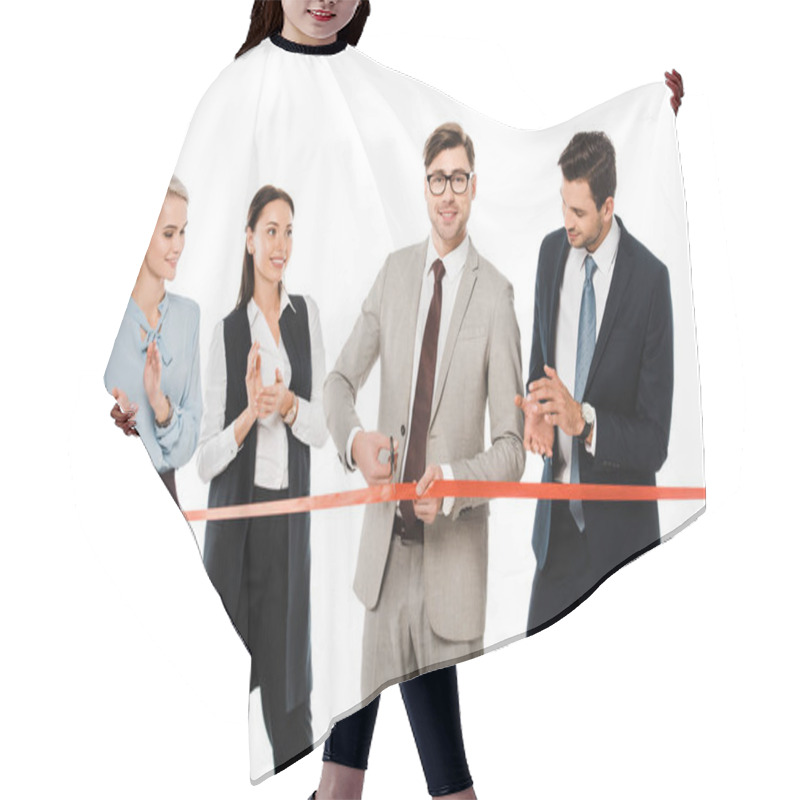 Personality  Smiling Leader Cutting Red Ribbon For Grand Opening While Colleagues Applauding, Isolated On White Hair Cutting Cape