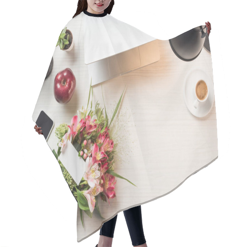 Personality  Top View Of Workplace With Greeting Card With Flowers, Laptop, Coffee And Smartphone On Table Hair Cutting Cape