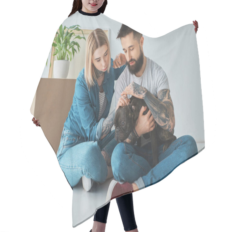 Personality  Young Tattooed Couple Sitting On Floor And Playing With Dog In New House Hair Cutting Cape