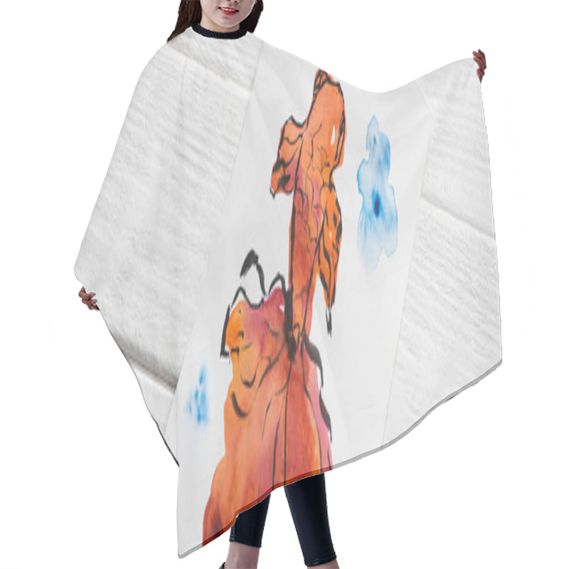 Personality  Top View Of Paper With Japanese Painting With Fish On Wooden Background, Panoramic Shot Hair Cutting Cape