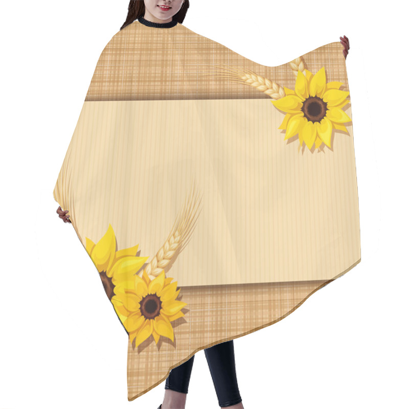 Personality  Vector Card With Sunflowers And Ears Of Wheat On A Sacking Background. Eps-10. Hair Cutting Cape