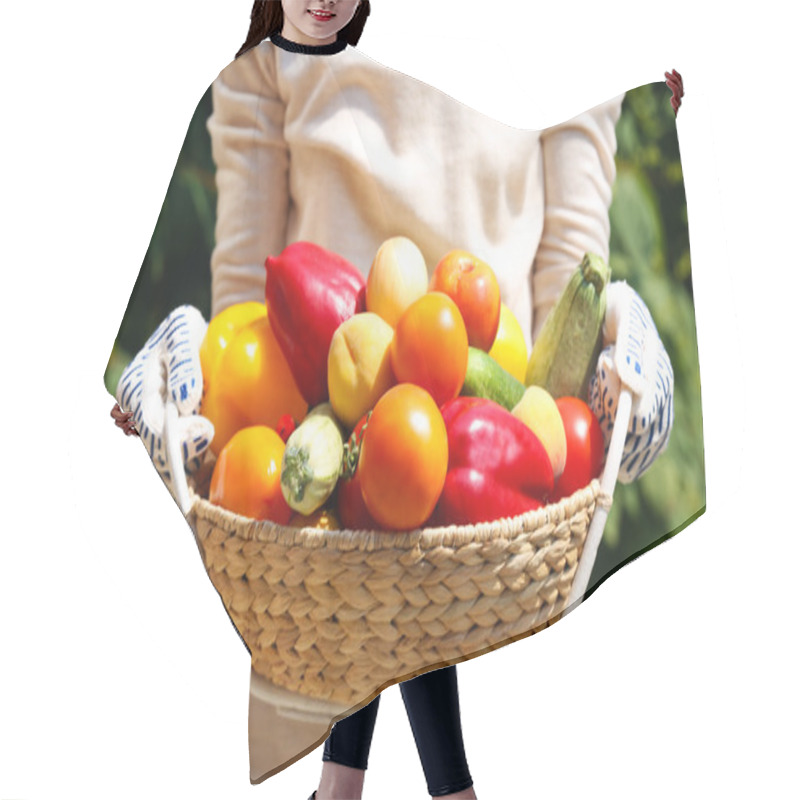 Personality  Woman Holding Basket With Fruits And Vegetables Outdoors Hair Cutting Cape