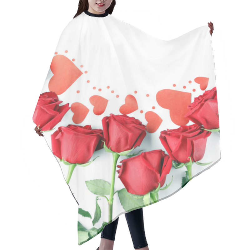 Personality  Beautiful Roses And Paper Hearts On White Background Hair Cutting Cape