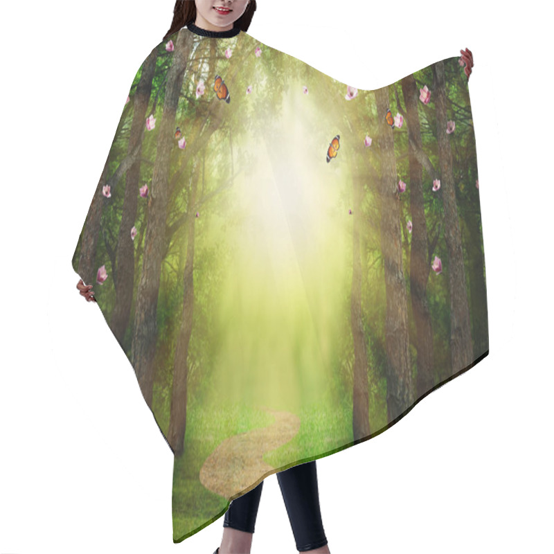 Personality  Fantasy World. Magic Forest With Beautiful Butterflies And Sunlit Way Between Trees Hair Cutting Cape