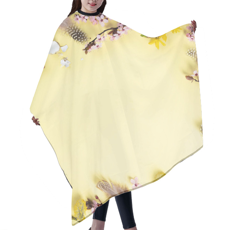 Personality  Easter Holiday Background. Flat-lay Of Tender Spring Cherry Blossom Flowers On Branches, Feathers, Quail Eggs Over Pastel Yellow Background, Top View Hair Cutting Cape