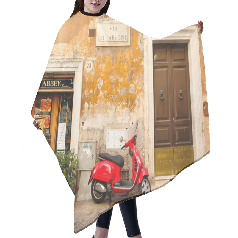 Personality  Red Scooter On An Old Narrow Cobblestoned Street In Rome Hair Cutting Cape