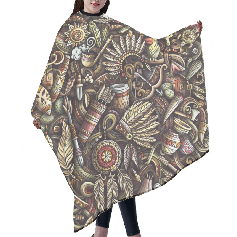 Personality  Cartoon Cute Doodles Hand Drawn Native American Seamless Pattern. Hair Cutting Cape