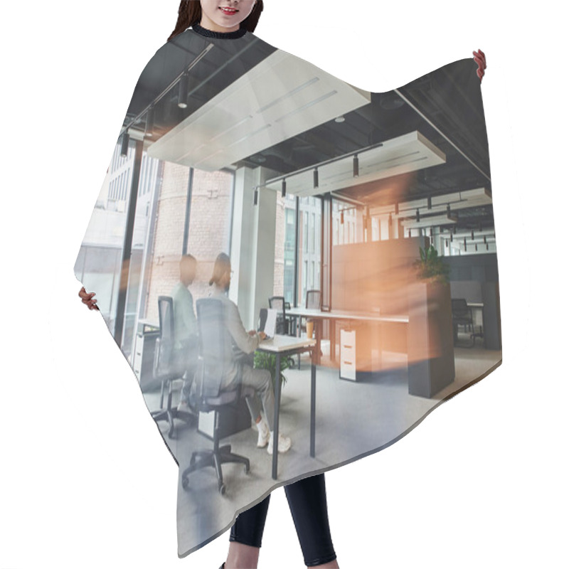 Personality  Motion Blur Of Man Walking Near Business People Working In Open Space Office Environment With High Tech Interior, Dynamic Business And Productivity Concept Hair Cutting Cape