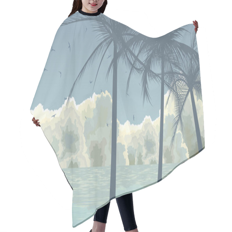 Personality  Palm Trees On Background Of Clouds And Blue Sea. Hair Cutting Cape