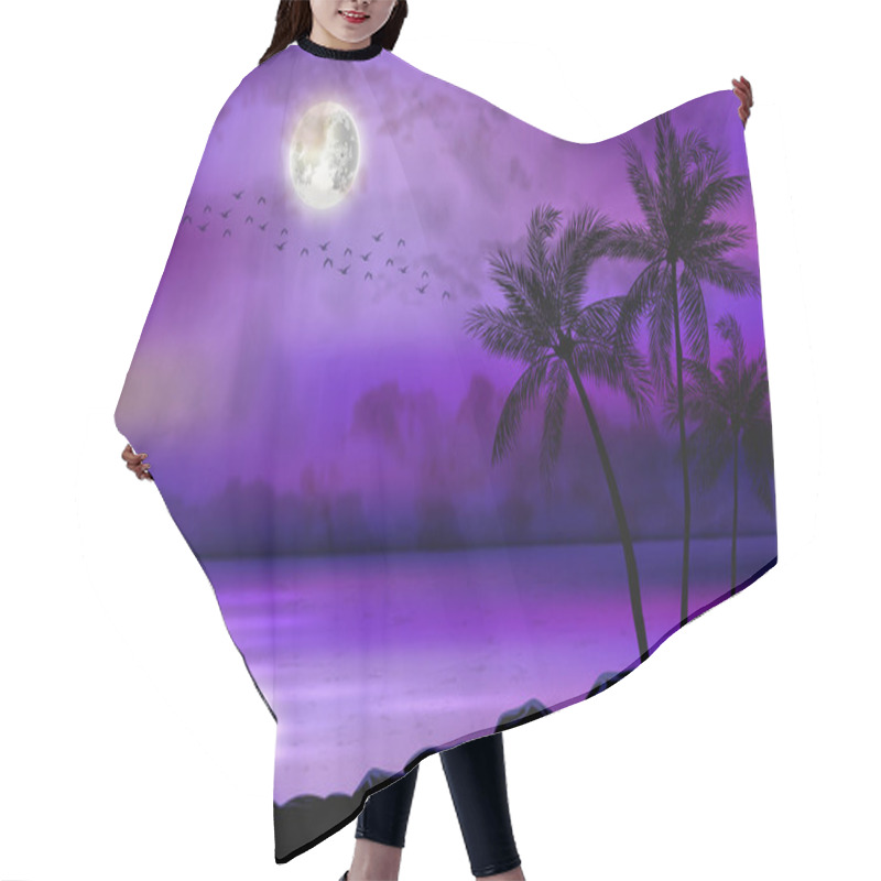 Personality  Illustration Of Tropical Beach At Night Hair Cutting Cape