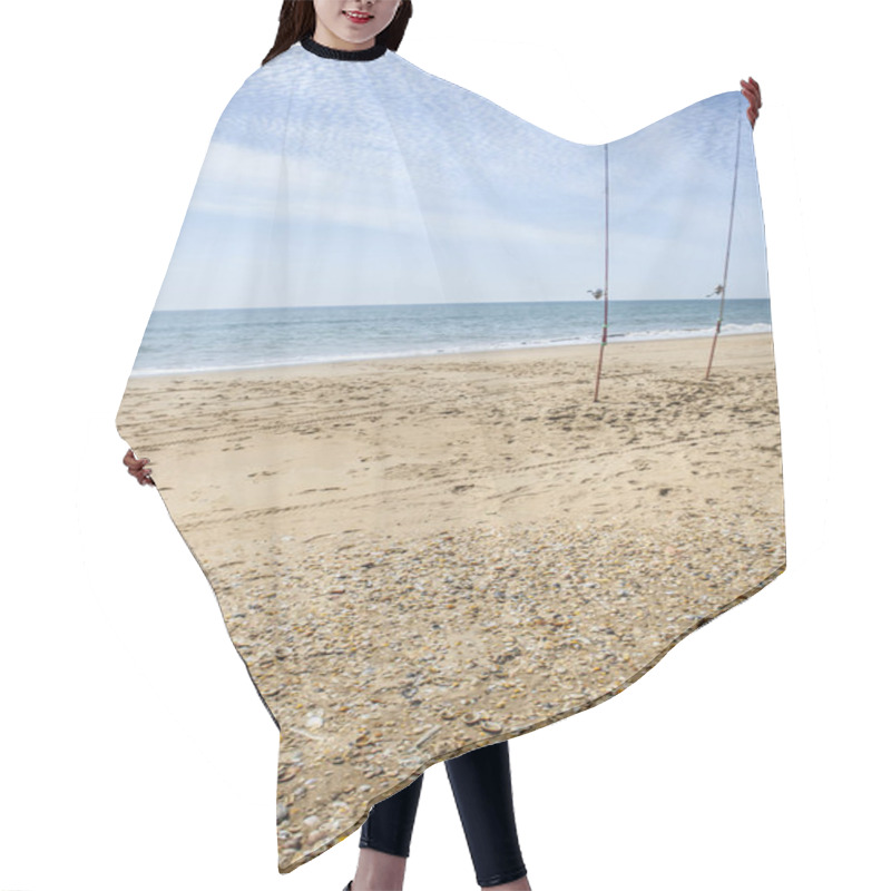 Personality  Two Fishing Rods Hammered On The Beach Sand Hair Cutting Cape