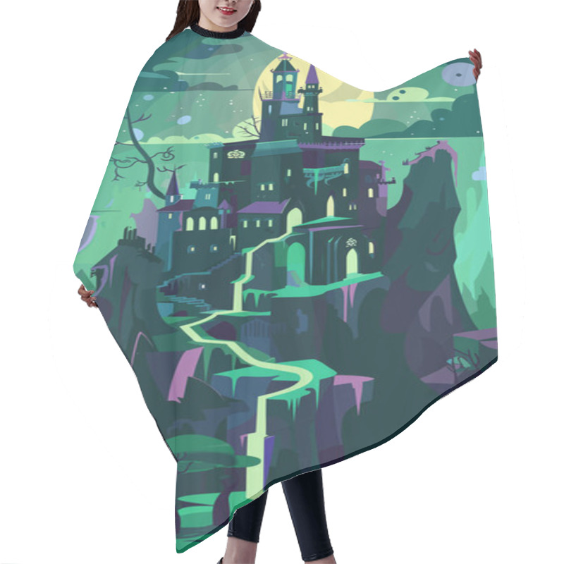 Personality  Enchanted Fairytale Castle Perched Atop Winding Staircases Amidst Mystical Forest Under Moonlit Sky. Vibrant Hues Green Purple Dominate Whimsical Illustration Magical Scenery. Fantasy Night Hair Cutting Cape