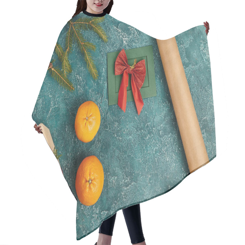 Personality  Handmade Greeting Card Near Craft Paper Roll On Blue Textured Surface With Gift Box And Tangerines Hair Cutting Cape