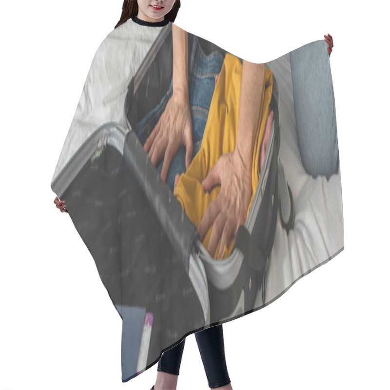 Personality  Cropped View Of Man Pressing Clothes In Suitcase Near Passport And Air Ticket On Bed, Banner  Hair Cutting Cape