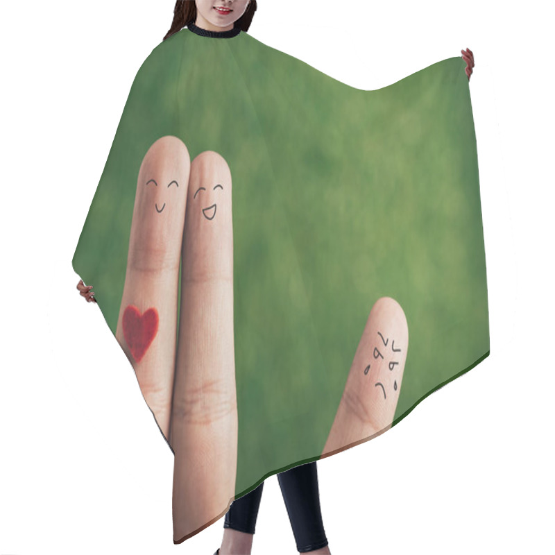 Personality  Cropped View Of Fingers As Happy Couple And Jealous Person On Green Hair Cutting Cape