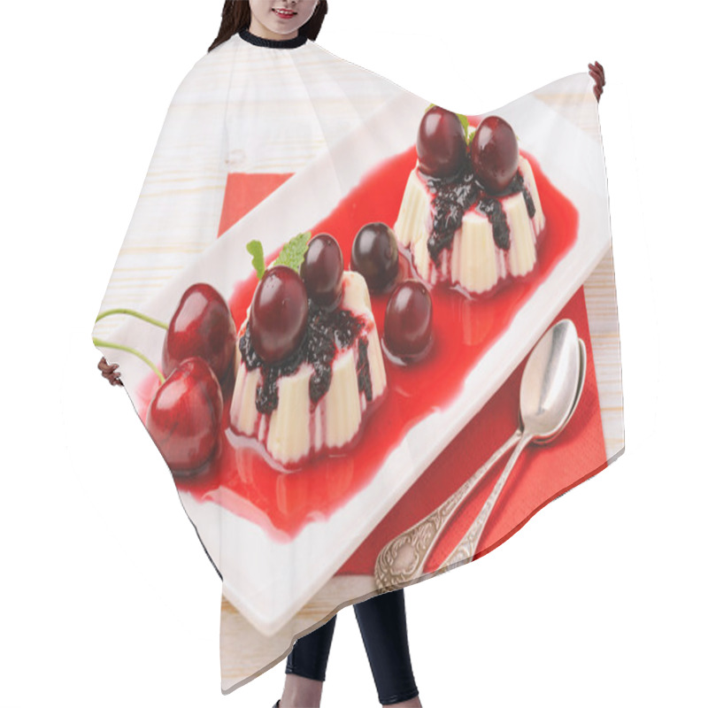 Personality  Panna Cotta With Cherries And Cherry Sauce. Hair Cutting Cape