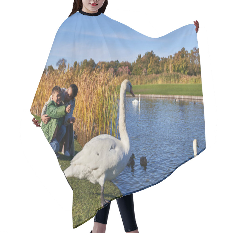 Personality  Bonding, Cheerful African American Woman Hugging Boy, White Swans In Pond, Mother And Son, Smile Hair Cutting Cape