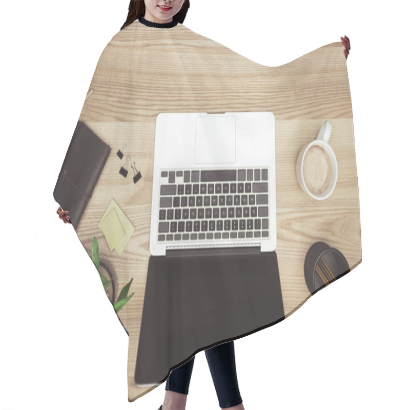 Personality  Laptop With Blank Screen At Workspace  Hair Cutting Cape