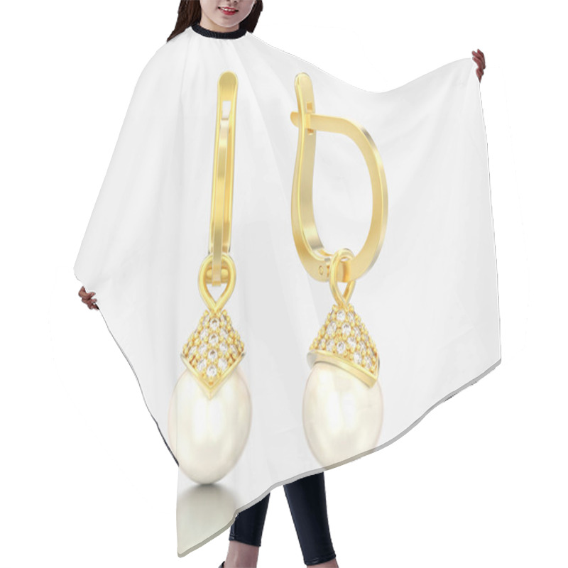 Personality  3D Illustration Yellow Gold Pearl Diamond Earrings With Hinged Lock On A White Background Hair Cutting Cape