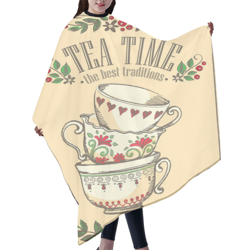 Personality  Illustration Tea Time With Cute Cups. Freehand Drawing. Sketch Hair Cutting Cape