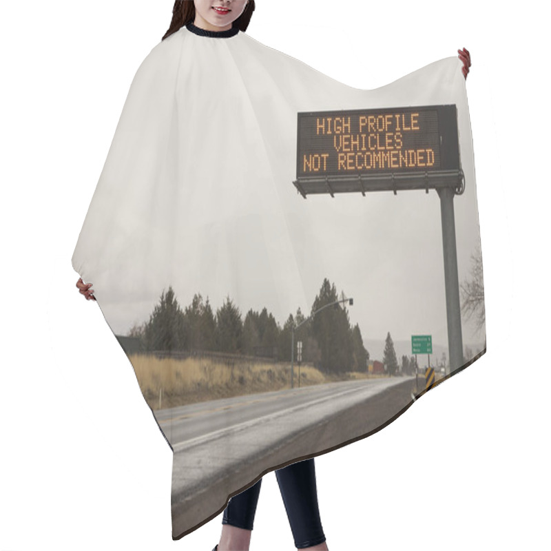 Personality  High Wind Warning Sign On US Highway 395 In Johnstonville, Lassen County, California, Advising High-profile Vehicles Against Travel In Stormy Conditions. Hair Cutting Cape