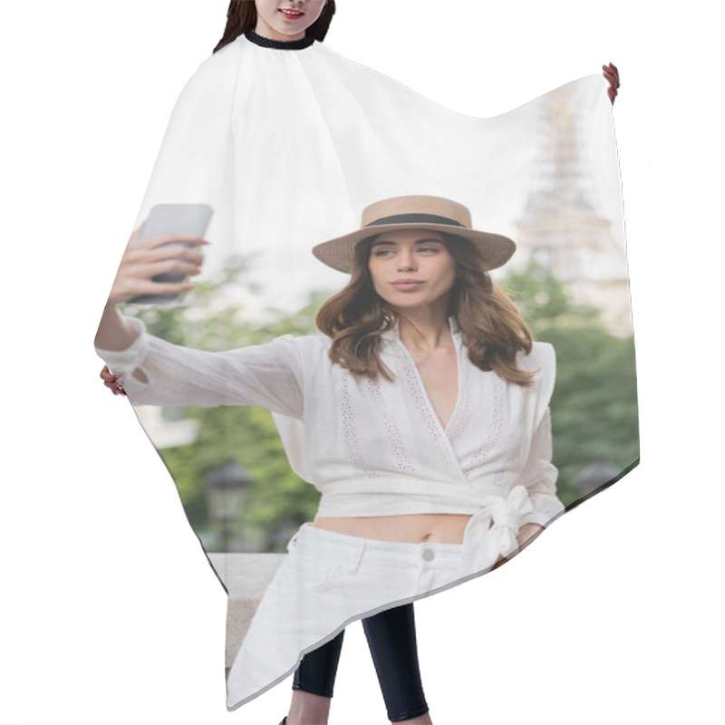 Personality  Trendy Woman Taking Selfie On Blurred Cellphone With Eiffel Tower At Background In Paris  Hair Cutting Cape