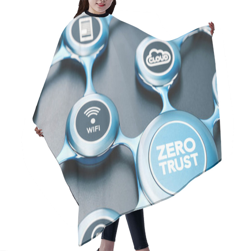 Personality  3D Illustration Of A Blue Network With Icons And The Text Zero Trust Written On The Front. Black Background. Concept Of Secured Network. Hair Cutting Cape