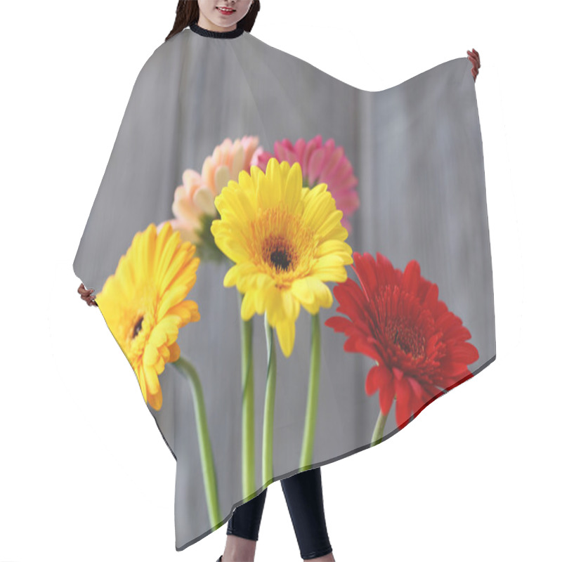 Personality  Bouquet Of Gerberas On A Gray Background Hair Cutting Cape