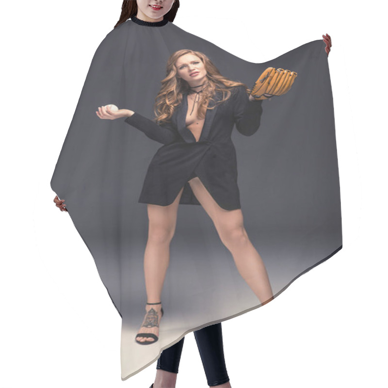 Personality  Seductive Woman Showing Shrug Gesture And Holding Baseball Mitt And Ball Hair Cutting Cape