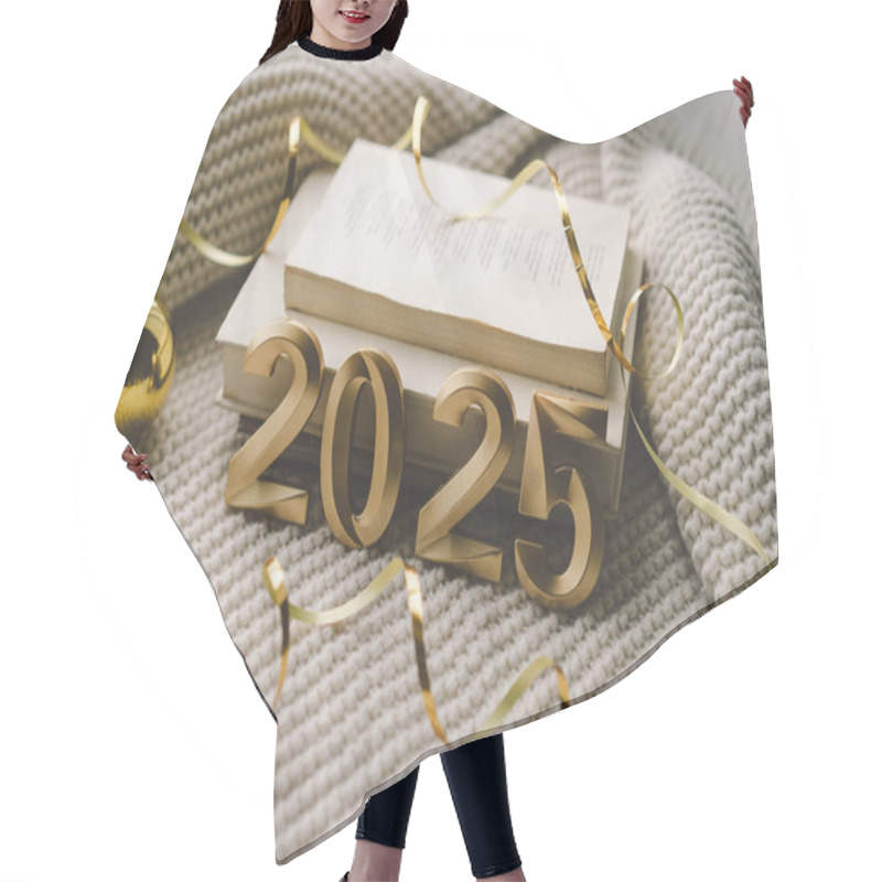 Personality  Golden Numerals Reading 2025 Are Surrounded By Festive Decorations, Including Stars And Ornaments, In Preparation For A New Years Celebration. Happy New Year 2025. Hair Cutting Cape