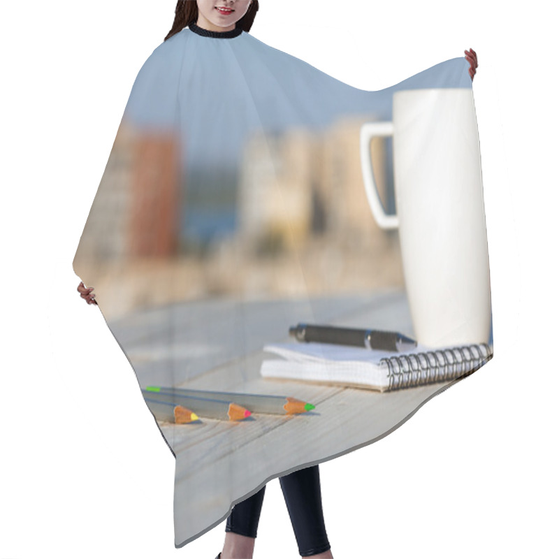 Personality  Every Day Diary Composition On Wooden Desk With Coffee Mug Hair Cutting Cape