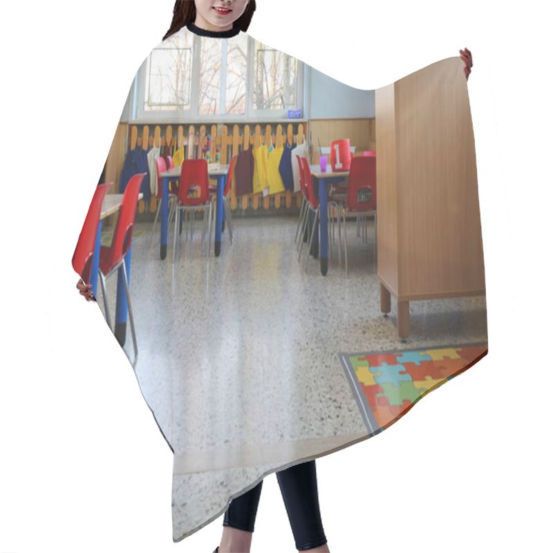 Personality  Inside Of A Classroom In Kindergarten With Small Chairs Hair Cutting Cape