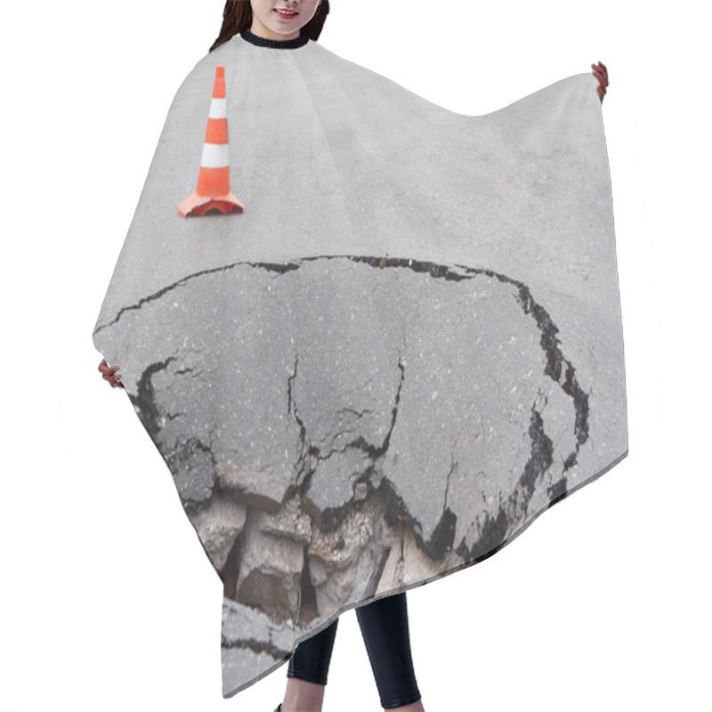 Personality  Deep Sinkhole On Street City And Orange Traffic Cone. Dangerous Hole In Asphalt Highway. Road With Cracks And Pit. Bad Construction. Damaged Surface Road Collapse And Fallen. Broken Infrastructure Hair Cutting Cape