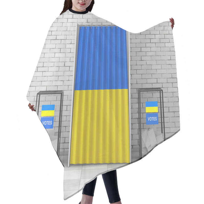 Personality  Ballot Boxes Near White Voting Booth With Curtain And Ukraine Flag In Front Of Brick Wall. 3d Rendering  Hair Cutting Cape