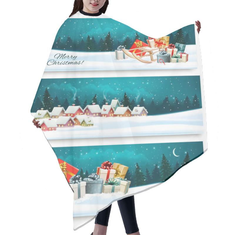 Personality  Three Christmas Festive Banners With Landscapes And Gift Boxes.  Hair Cutting Cape