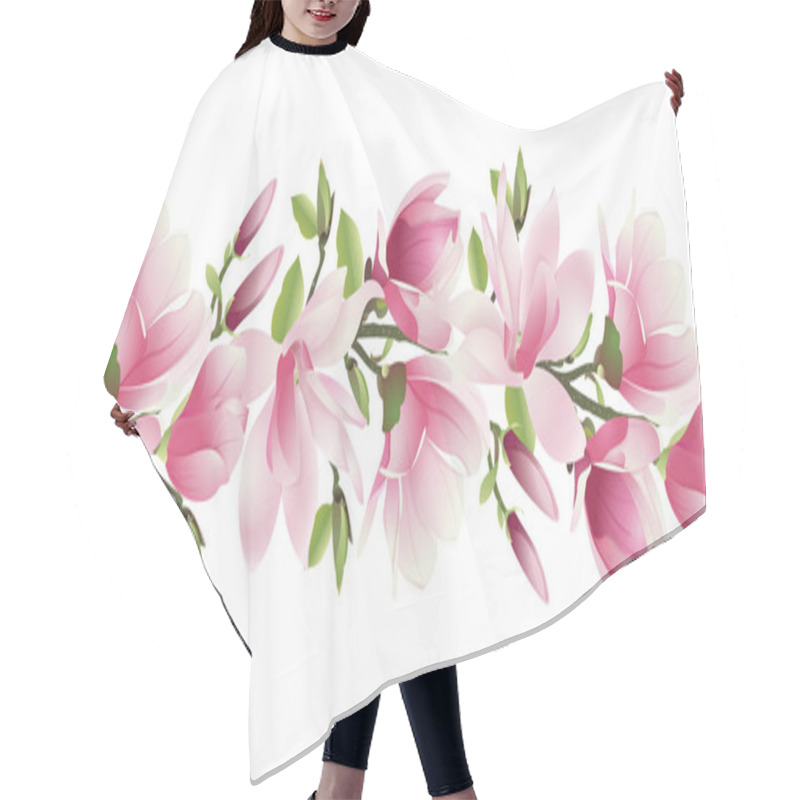 Personality  Magnolia Flowers. A Branch Of Magnolia With Pink Flowers And Leaves On A White Background. Spring Flowers In Vector. Vector Illustration. Hair Cutting Cape