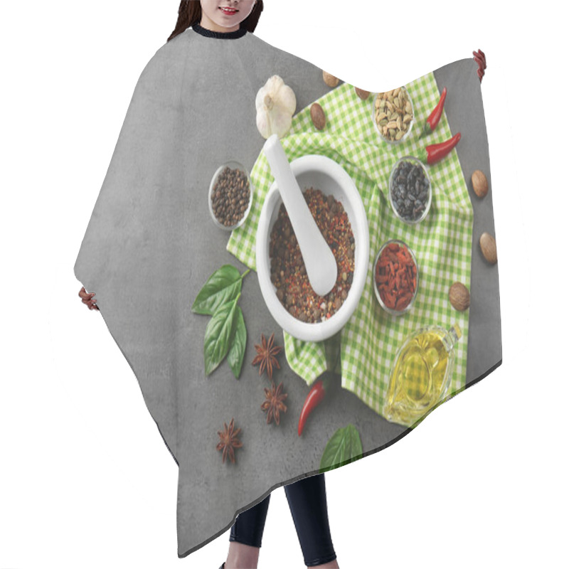 Personality  Composition With Different Spices And Mortar On Gray Background Hair Cutting Cape