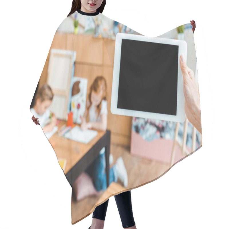 Personality  Cropped View Of Woman Holding Digital Tablet With Blank Screen Near Kids  Hair Cutting Cape