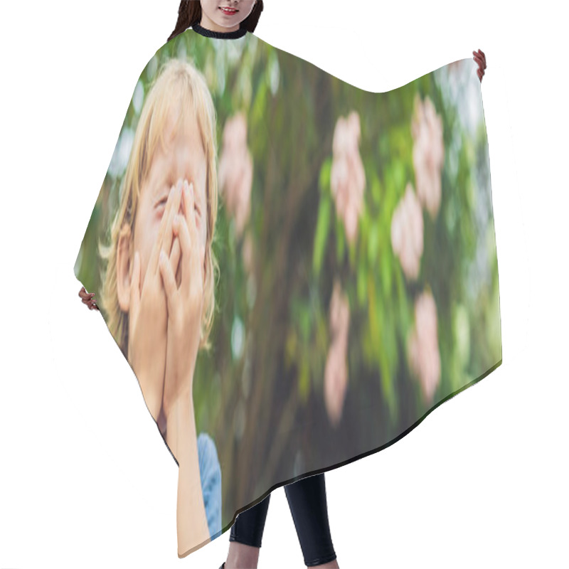 Personality  Boy Blowing Nose In Front Of Blooming Tree. Spring Allergy Concept. Childrens Allergies BANNER, LONG FORMAT Hair Cutting Cape