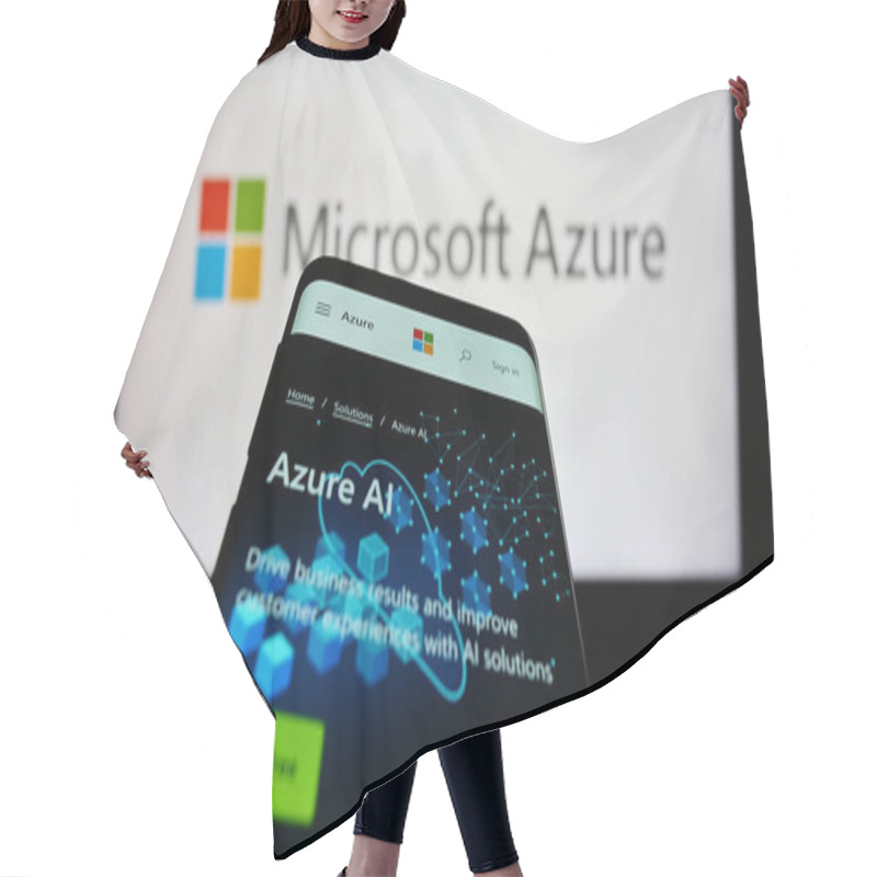 Personality  Stuttgart, Germany - 07-11-2023: Mobile Phone With Webpage Of Cloud Computing Platform Microsoft Azure On Screen In Front Of Business Logo. Focus On Top-left Of Phone Display. Hair Cutting Cape