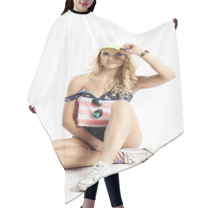 Personality  Blonde Woman Posing In American Flag Shirt Hair Cutting Cape