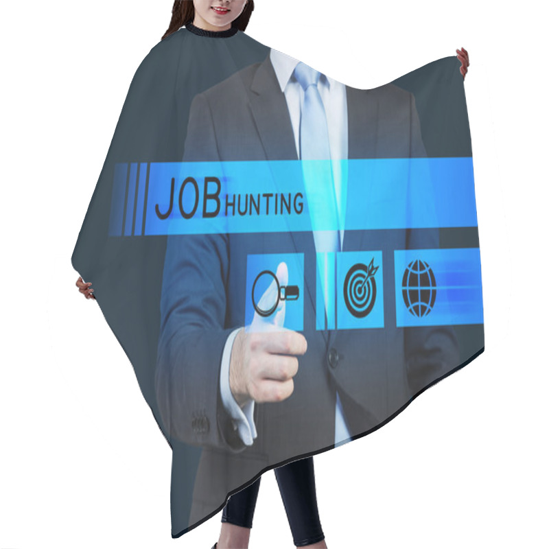 Personality  A Person In A Suit Is Pushing The Hologram Button Which Is Symbolised The Search. A Concept Of The Job Hunting. Dark Background. Hair Cutting Cape