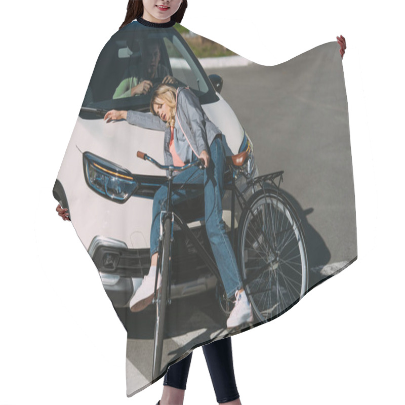 Personality  Young Woman Got Mowed Down By Car While Driving Bicycle On Road, Car Accident Concept Hair Cutting Cape