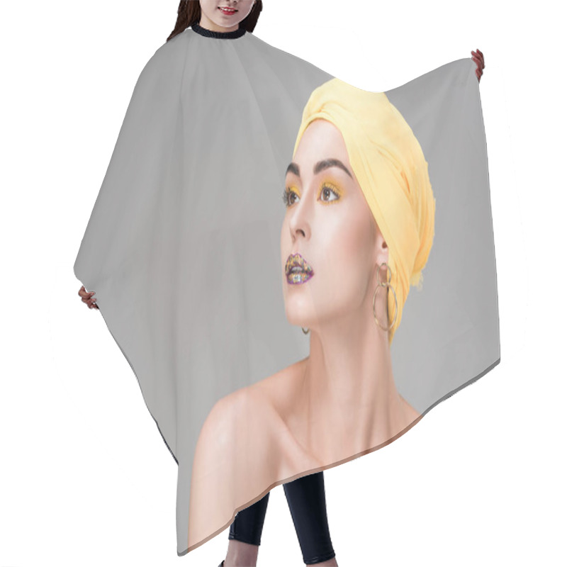 Personality  Beautiful Naked Woman In Yellow Turban Looking Away Isolated On Grey Hair Cutting Cape