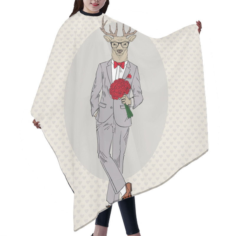 Personality  Hand Drawn Fashion Illustration Of Dressed Up Elegant Deer With Bouquet Of Roses Hair Cutting Cape