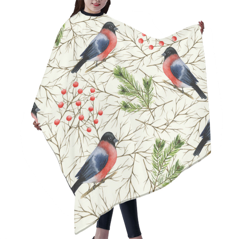 Personality  Seamless Pattern With Pictures Of Bullfinch, Twigs, Rowan Berries, Pine Branches On A Light Background Hair Cutting Cape