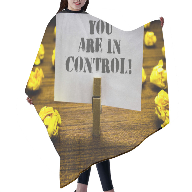 Personality  Text Sign Showing You Are In Control. Conceptual Photo Responsibility Over A Situation Management Authority Paperclip Grip White Page With Grey Text Woody Floor Laid Blurry Yellow Lob. Hair Cutting Cape